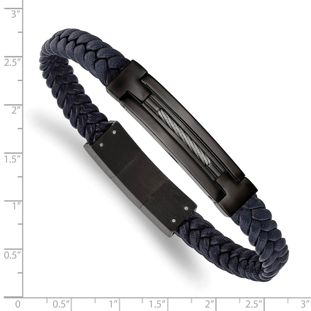 Alternate view of the Black Plated Stainless Steel Navy Blue Leather I.D. Bracelet, 8-8.5 In by The Black Bow Jewelry Co.