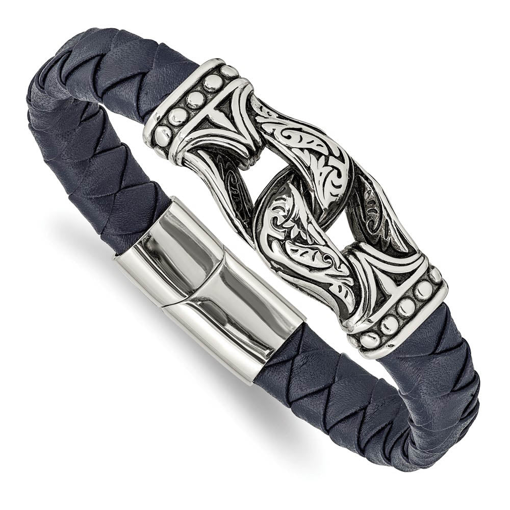Stainless Steel & Blue Leather Antiqued Ornate Bracelet, 8.75 Inch, Item B18880 by The Black Bow Jewelry Co.