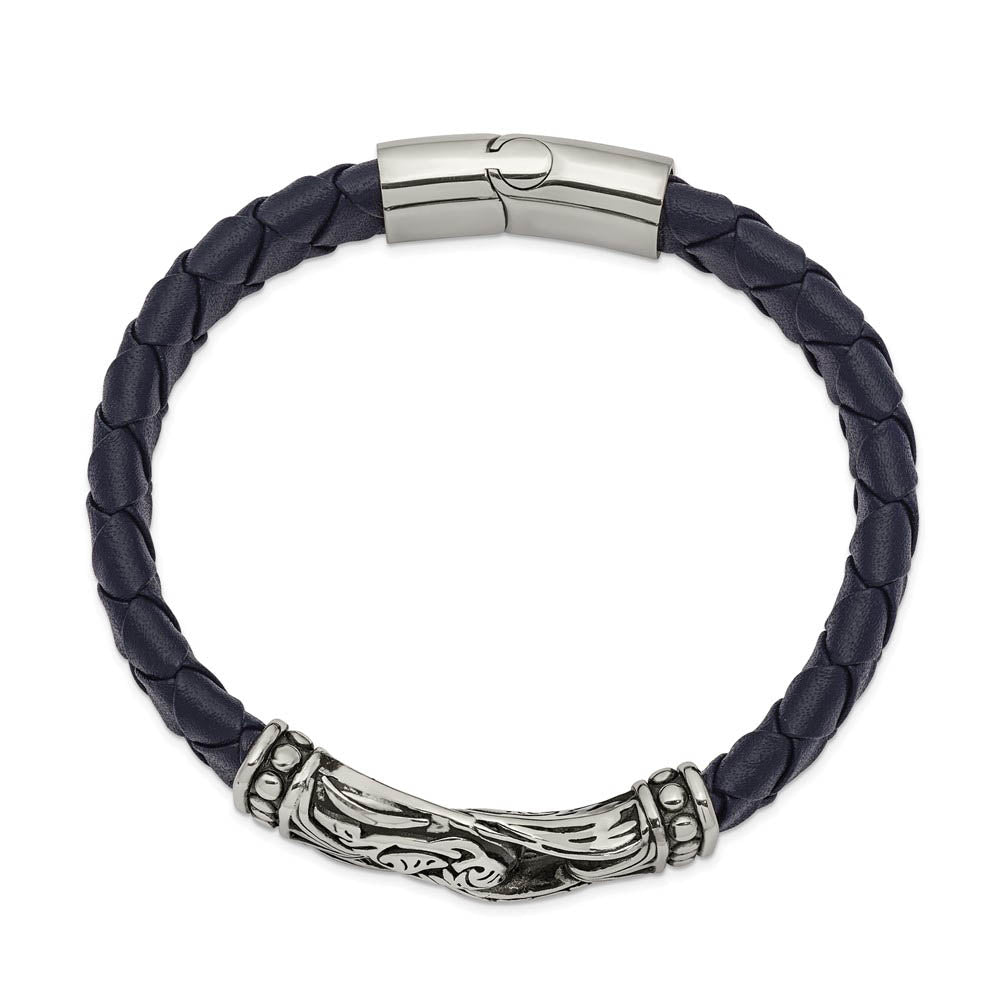 Alternate view of the Stainless Steel & Blue Leather Antiqued Ornate Bracelet, 8.75 Inch by The Black Bow Jewelry Co.