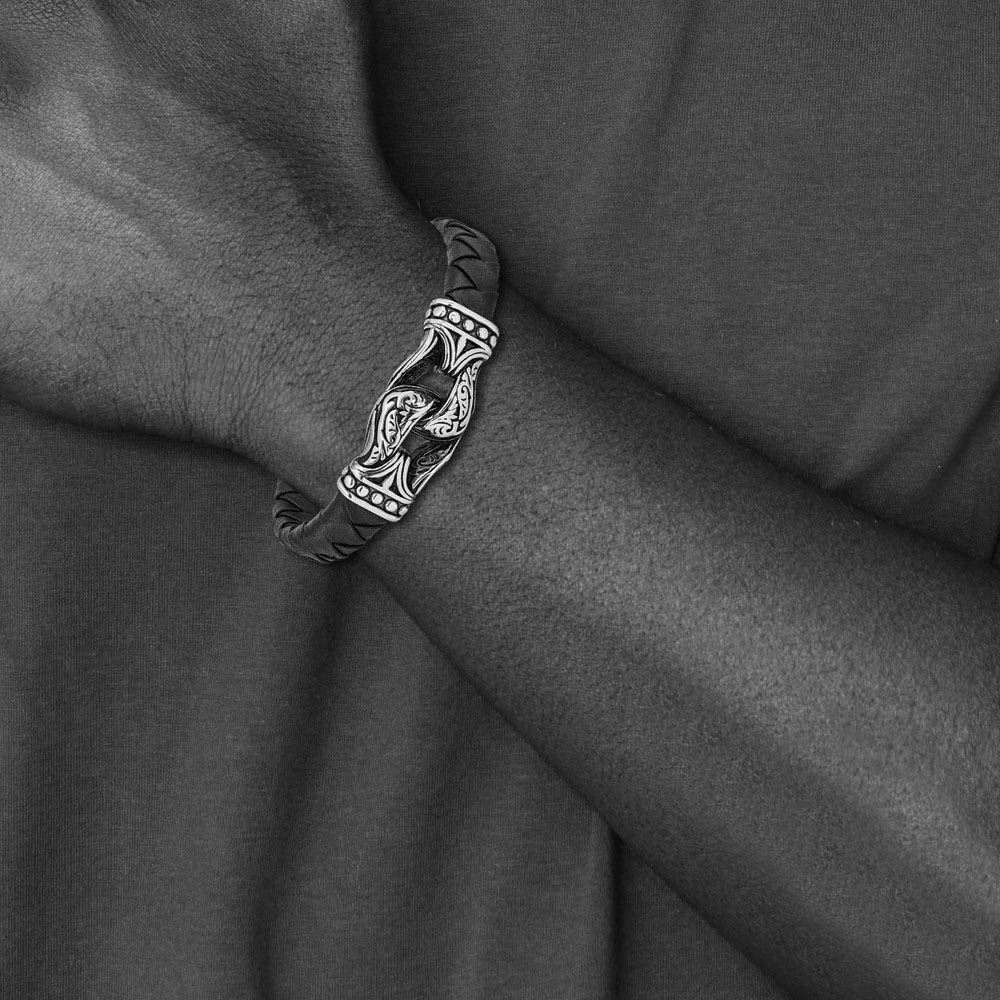 Alternate view of the Stainless Steel & Blue Leather Antiqued Ornate Bracelet, 8.75 Inch by The Black Bow Jewelry Co.