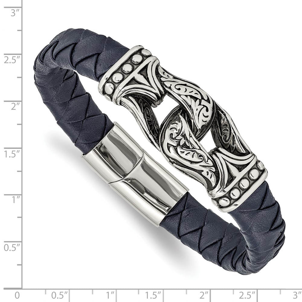 Alternate view of the Stainless Steel & Blue Leather Antiqued Ornate Bracelet, 8.75 Inch by The Black Bow Jewelry Co.