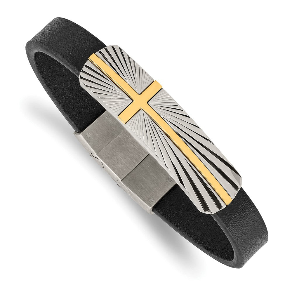 Stainless Steel Gold Tone Black Leather Cross I.D. Bracelet, 8-8.5 In, Item B18882 by The Black Bow Jewelry Co.