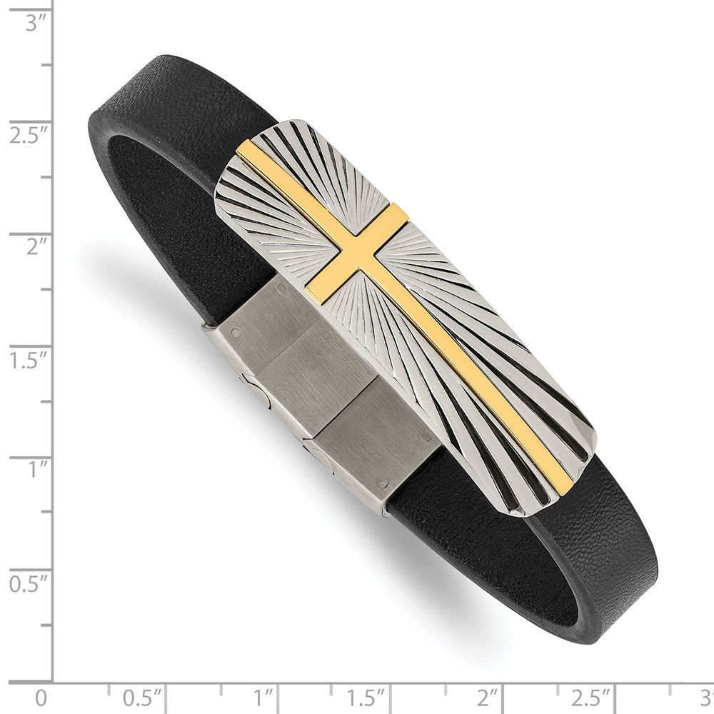 Alternate view of the Stainless Steel Gold Tone Black Leather Cross I.D. Bracelet, 8-8.5 In by The Black Bow Jewelry Co.