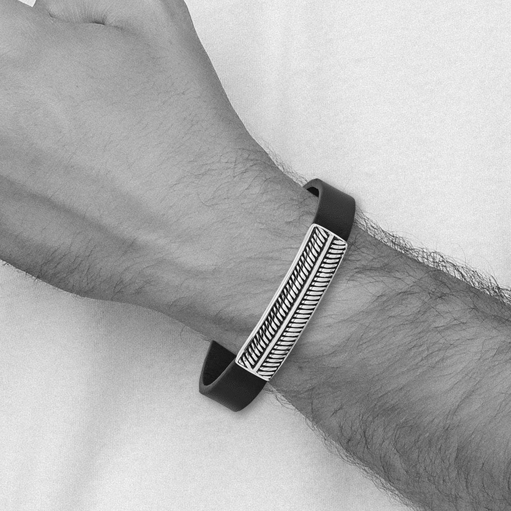 Alternate view of the Stainless Steel Black Leather Antique Textured I.D. Bracelet, 8-8.5 In by The Black Bow Jewelry Co.