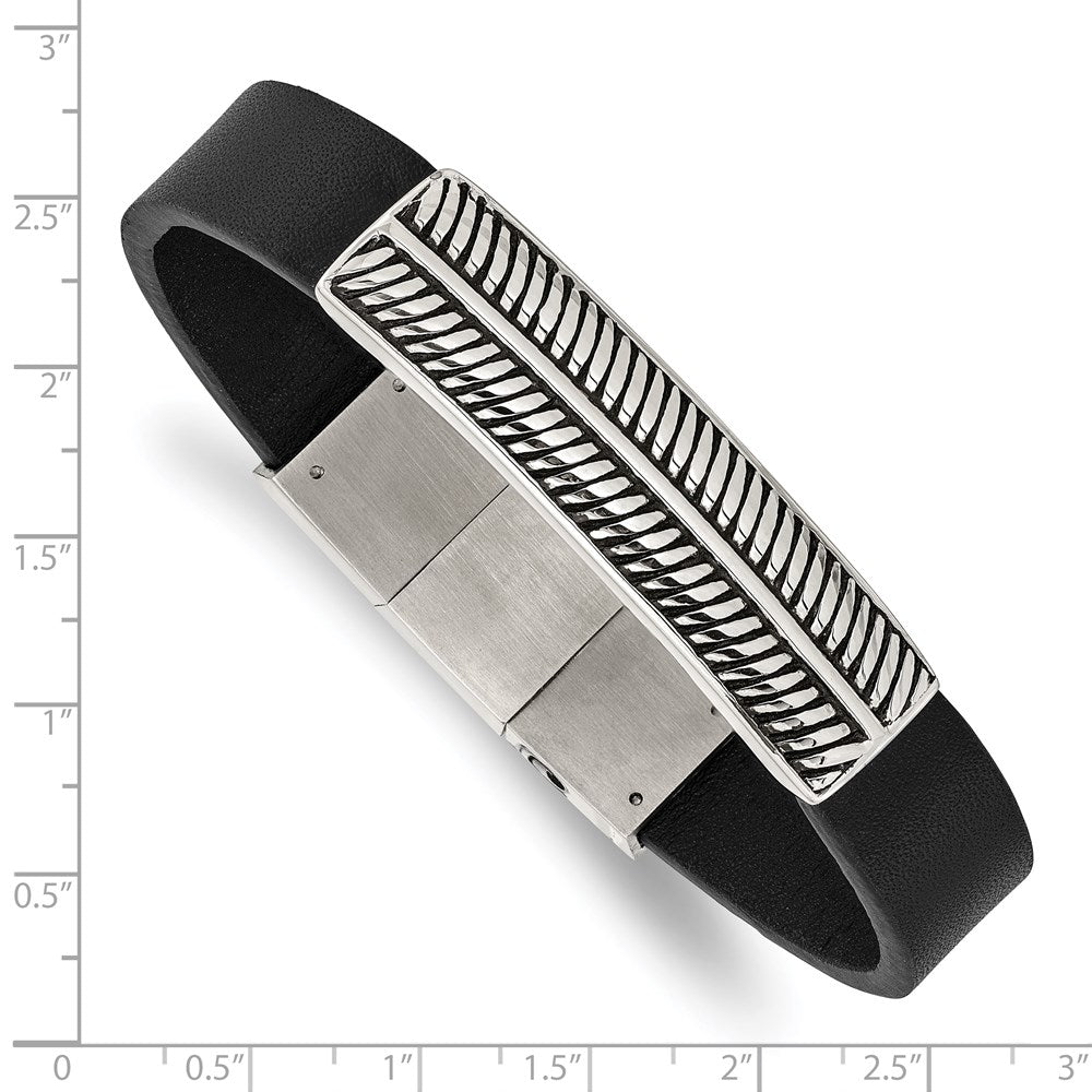 Alternate view of the Stainless Steel Black Leather Antique Textured I.D. Bracelet, 8-8.5 In by The Black Bow Jewelry Co.