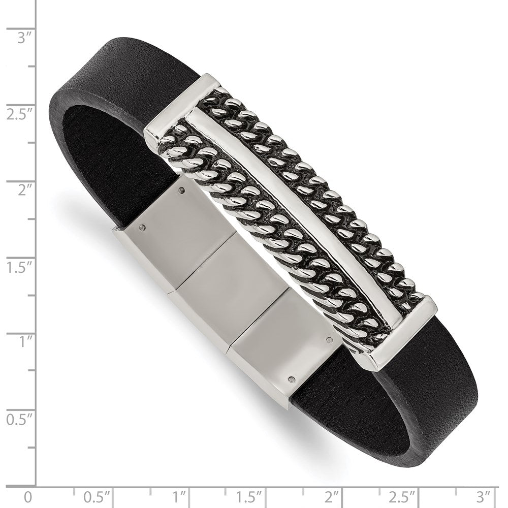 Alternate view of the Stainless Steel Black Leather Antiqued I.D. Bracelet, 8 - 8.5 Inch by The Black Bow Jewelry Co.
