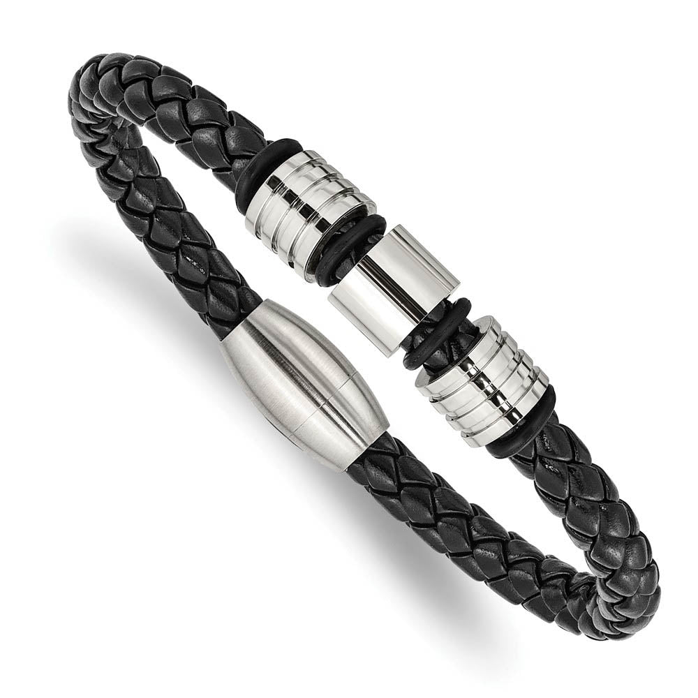 Stainless Steel Black Leather Polished & Grooved Bead Bracelet, 8.5 In, Item B18885 by The Black Bow Jewelry Co.