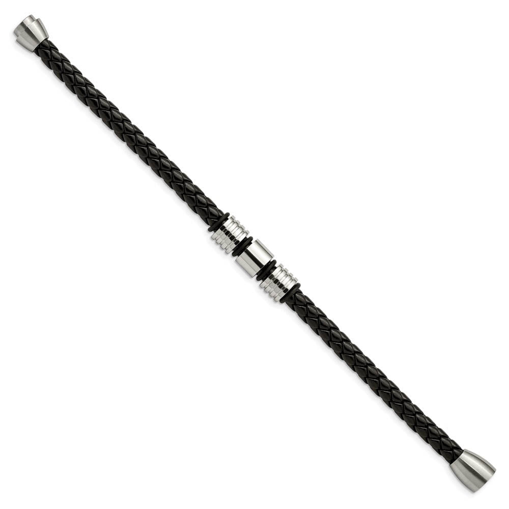 Alternate view of the Stainless Steel Black Leather Polished & Grooved Bead Bracelet, 8.5 In by The Black Bow Jewelry Co.