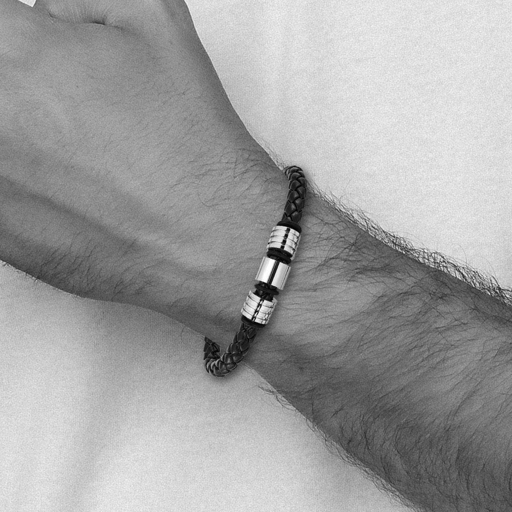 Alternate view of the Stainless Steel Black Leather Polished & Grooved Bead Bracelet, 8.5 In by The Black Bow Jewelry Co.