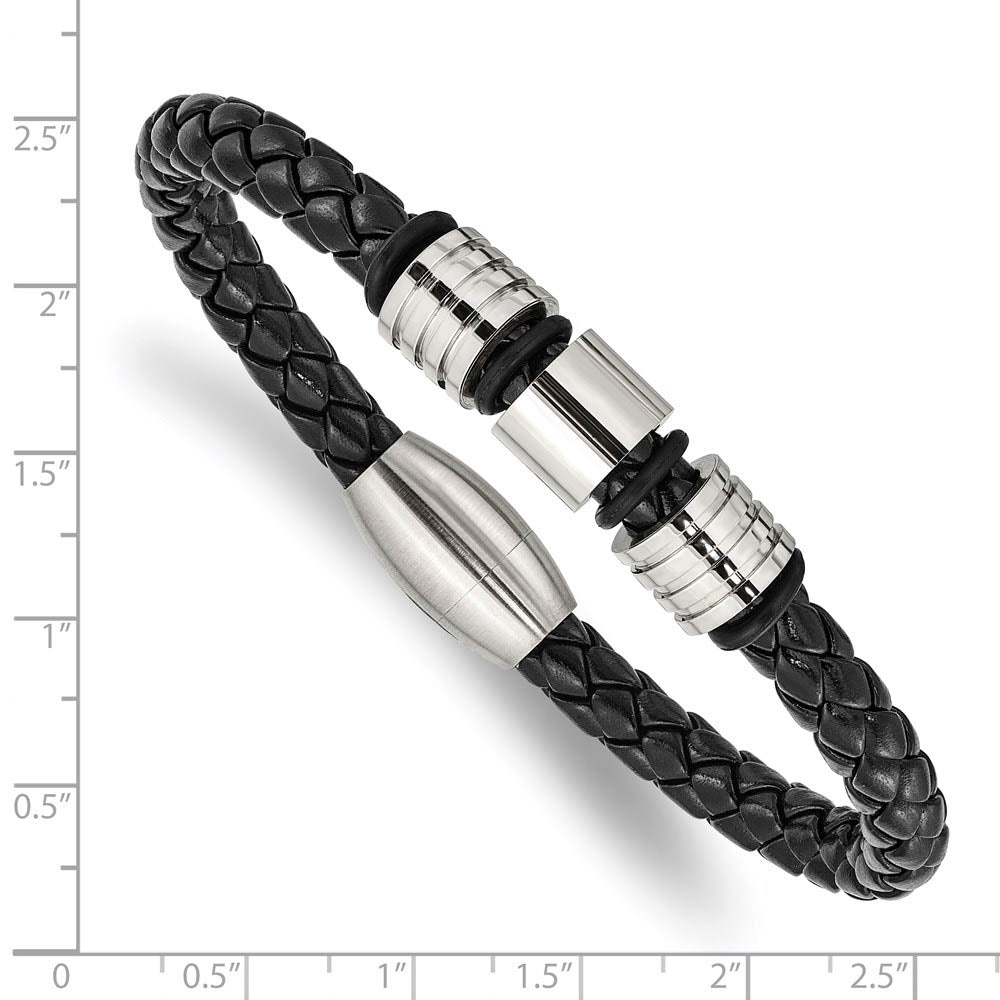 Alternate view of the Stainless Steel Black Leather Polished & Grooved Bead Bracelet, 8.5 In by The Black Bow Jewelry Co.