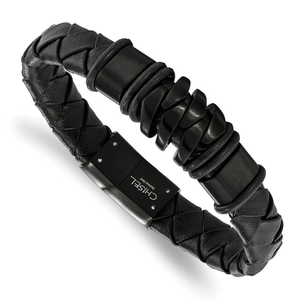 Black Plated Stainless Steel & Black Leather Woven Bracelet, 8.25 Inch, Item B18887 by The Black Bow Jewelry Co.