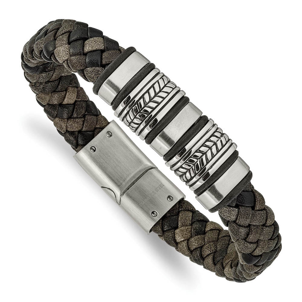 Men's Stainless Steel & Multicolor Leather Bead Bracelet, 8.25 Inch, Item B18889 by The Black Bow Jewelry Co.