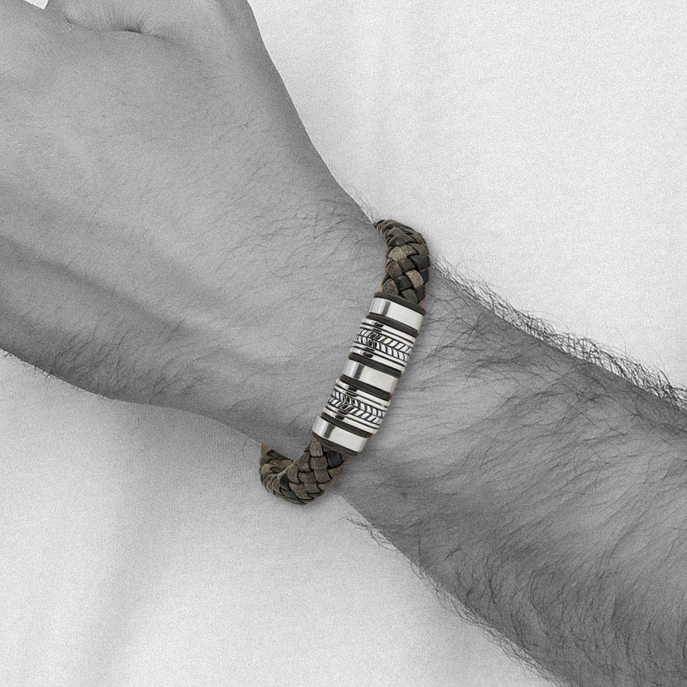 Alternate view of the Men's Stainless Steel & Multicolor Leather Bead Bracelet, 8.25 Inch by The Black Bow Jewelry Co.