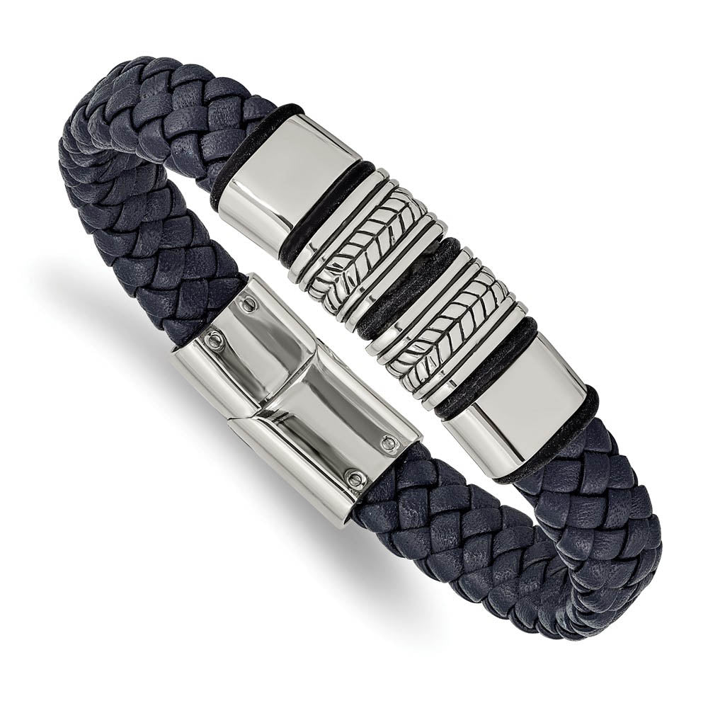 Men's Stainless Steel & Blue Leather Woven Bead Bracelet, 8.25 Inch, Item B18890 by The Black Bow Jewelry Co.