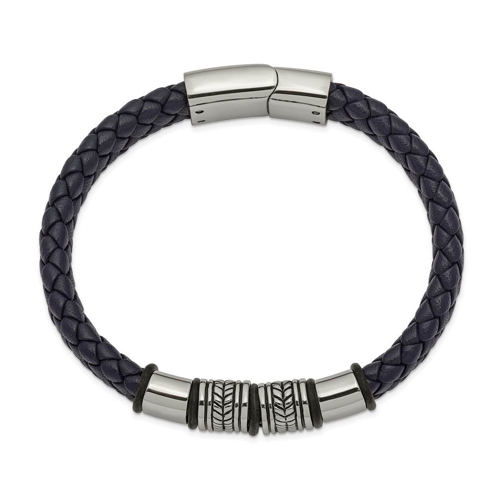 Alternate view of the Men's Stainless Steel & Blue Leather Woven Bead Bracelet, 8.25 Inch by The Black Bow Jewelry Co.