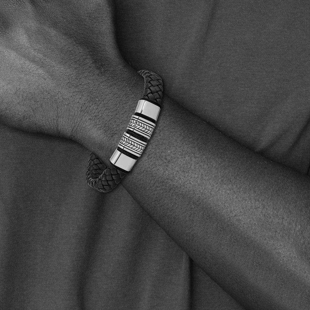 Alternate view of the Men's Stainless Steel & Blue Leather Woven Bead Bracelet, 8.25 Inch by The Black Bow Jewelry Co.