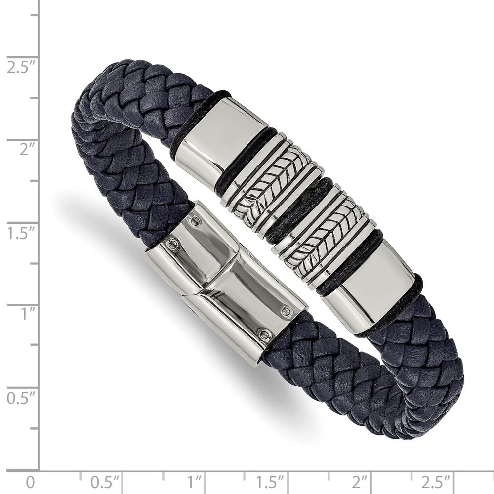 Alternate view of the Men's Stainless Steel & Blue Leather Woven Bead Bracelet, 8.25 Inch by The Black Bow Jewelry Co.