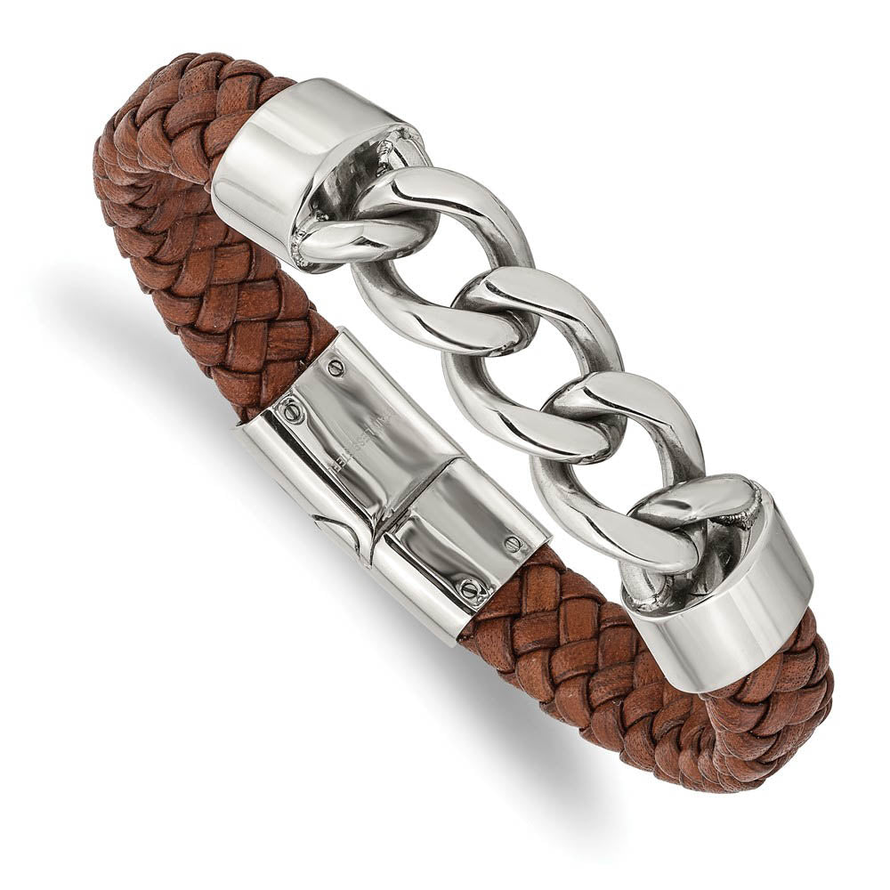 Men's Stainless Steel & Brown Leather Curb Link Bracelet, 8.25 Inch, Item B18891 by The Black Bow Jewelry Co.