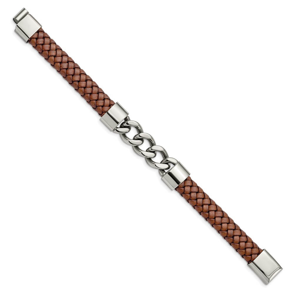Alternate view of the Men's Stainless Steel & Brown Leather Curb Link Bracelet, 8.25 Inch by The Black Bow Jewelry Co.