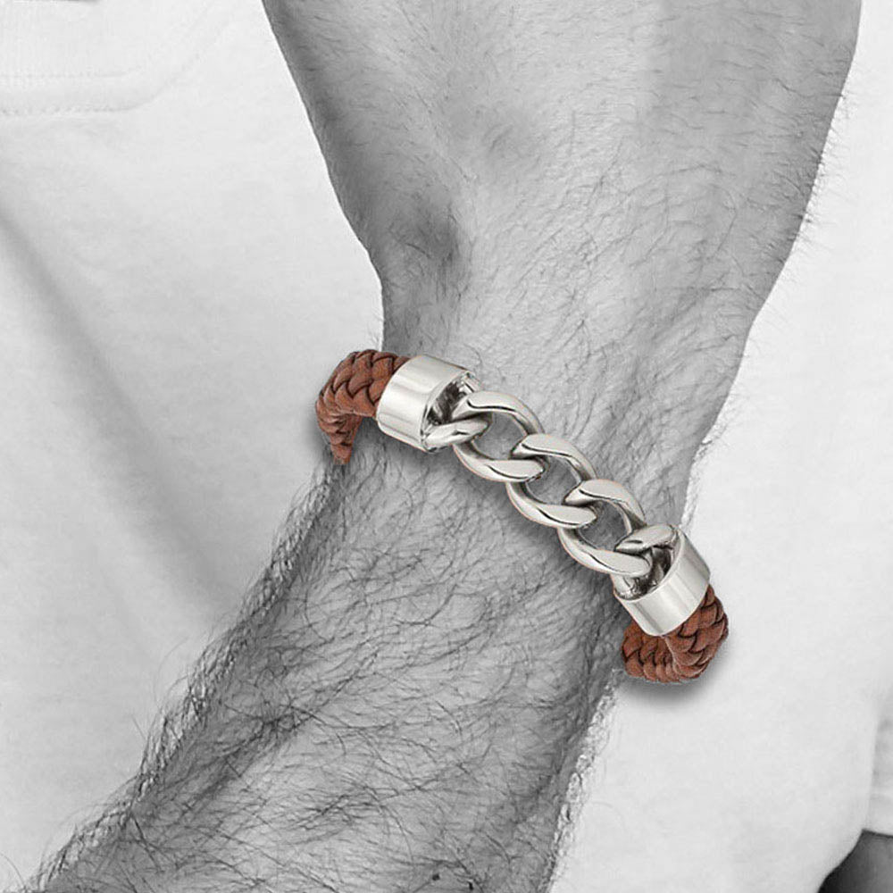 Alternate view of the Men's Stainless Steel & Brown Leather Curb Link Bracelet, 8.25 Inch by The Black Bow Jewelry Co.