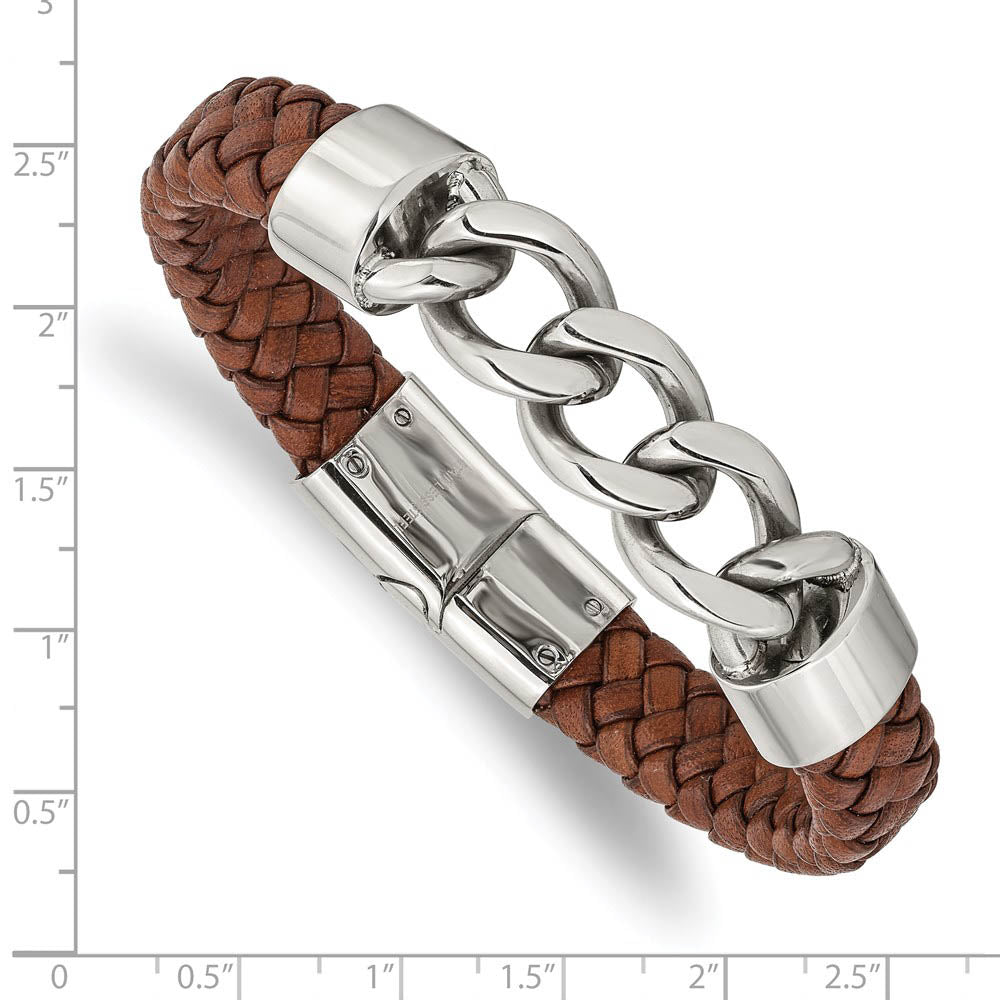 Alternate view of the Men's Stainless Steel & Brown Leather Curb Link Bracelet, 8.25 Inch by The Black Bow Jewelry Co.