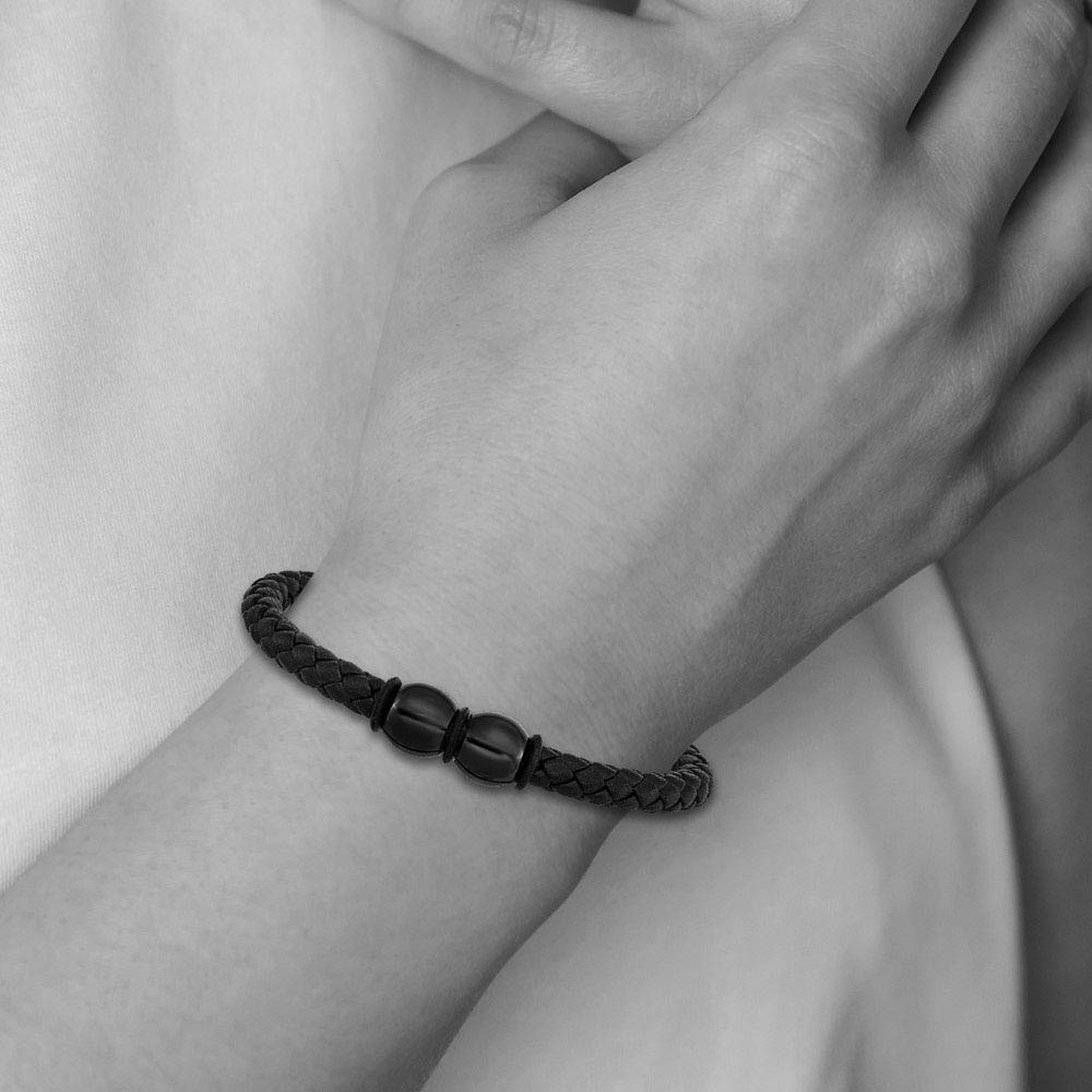 Alternate view of the Black Plated Stainless Steel Black Leather & Rubber Bracelet, 8.25 In by The Black Bow Jewelry Co.