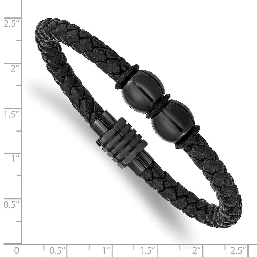 Alternate view of the Black Plated Stainless Steel Black Leather & Rubber Bracelet, 8.25 In by The Black Bow Jewelry Co.