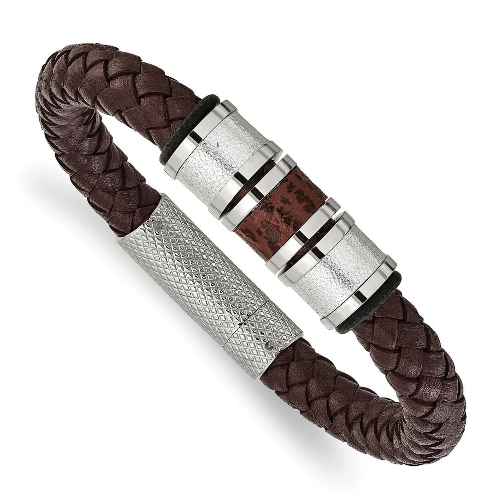 Men's Stainless Steel & Brown Leather Bead Accent Bracelet, 8.25 Inch, Item B18894 by The Black Bow Jewelry Co.