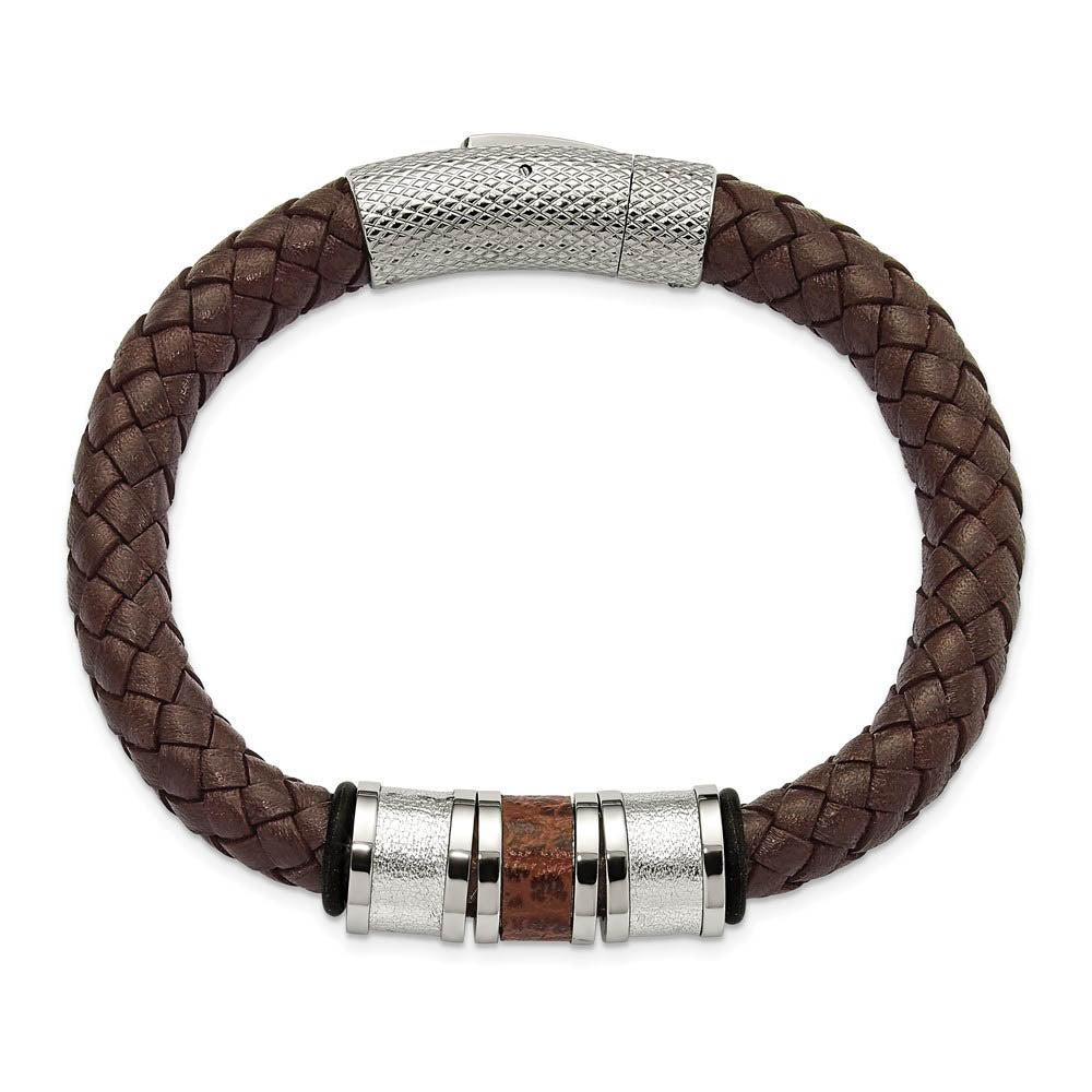 Alternate view of the Men's Stainless Steel & Brown Leather Bead Accent Bracelet, 8.25 Inch by The Black Bow Jewelry Co.