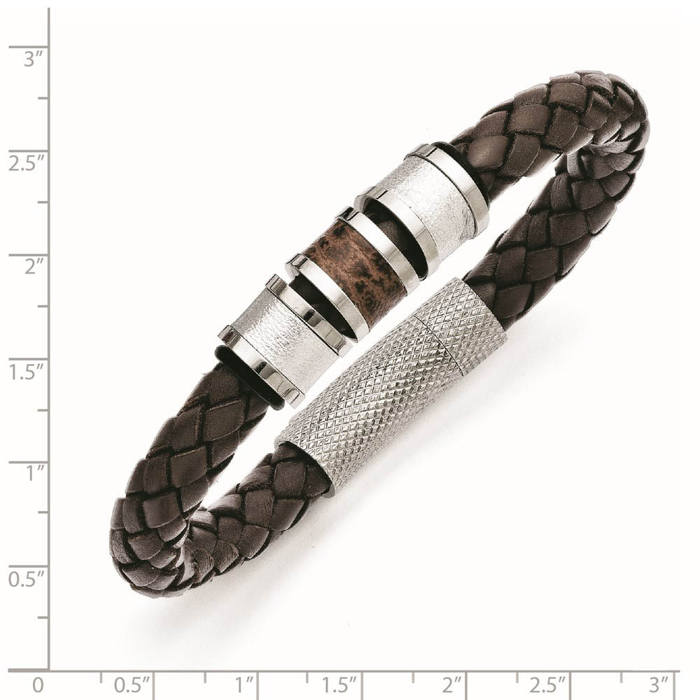 Alternate view of the Men's Stainless Steel & Brown Leather Bead Accent Bracelet, 8.25 Inch by The Black Bow Jewelry Co.