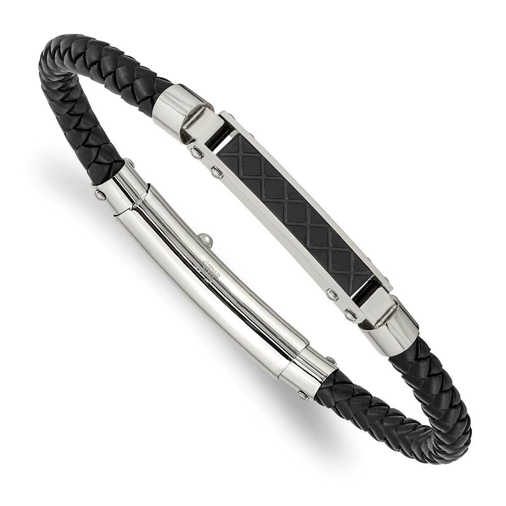 Two Tone Stainless Steel Black Leather Bracelet, to