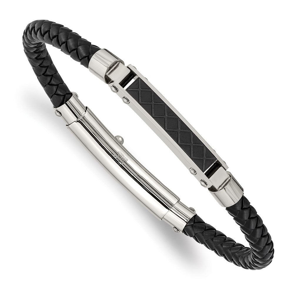 Two Tone Stainless Steel &amp; Black Leather I.D. Bracelet, 7.5 to 8 Inch, Item B18895 by The Black Bow Jewelry Co.