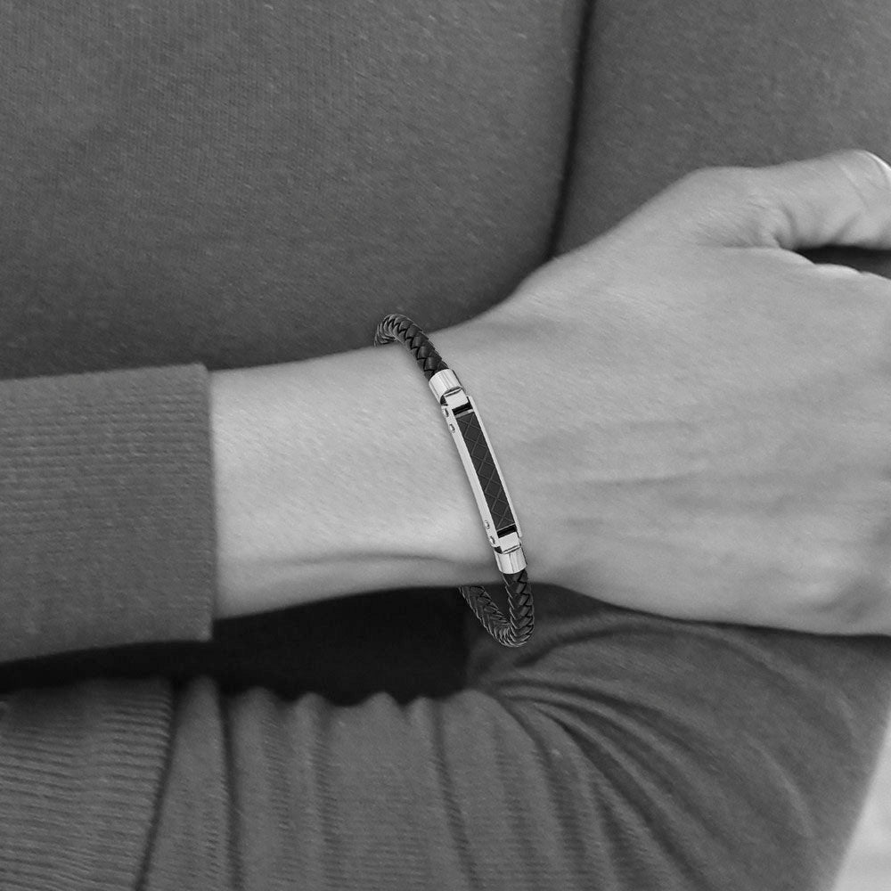 Alternate view of the Two Tone Stainless Steel &amp; Black Leather I.D. Bracelet, 7.5 to 8 Inch by The Black Bow Jewelry Co.