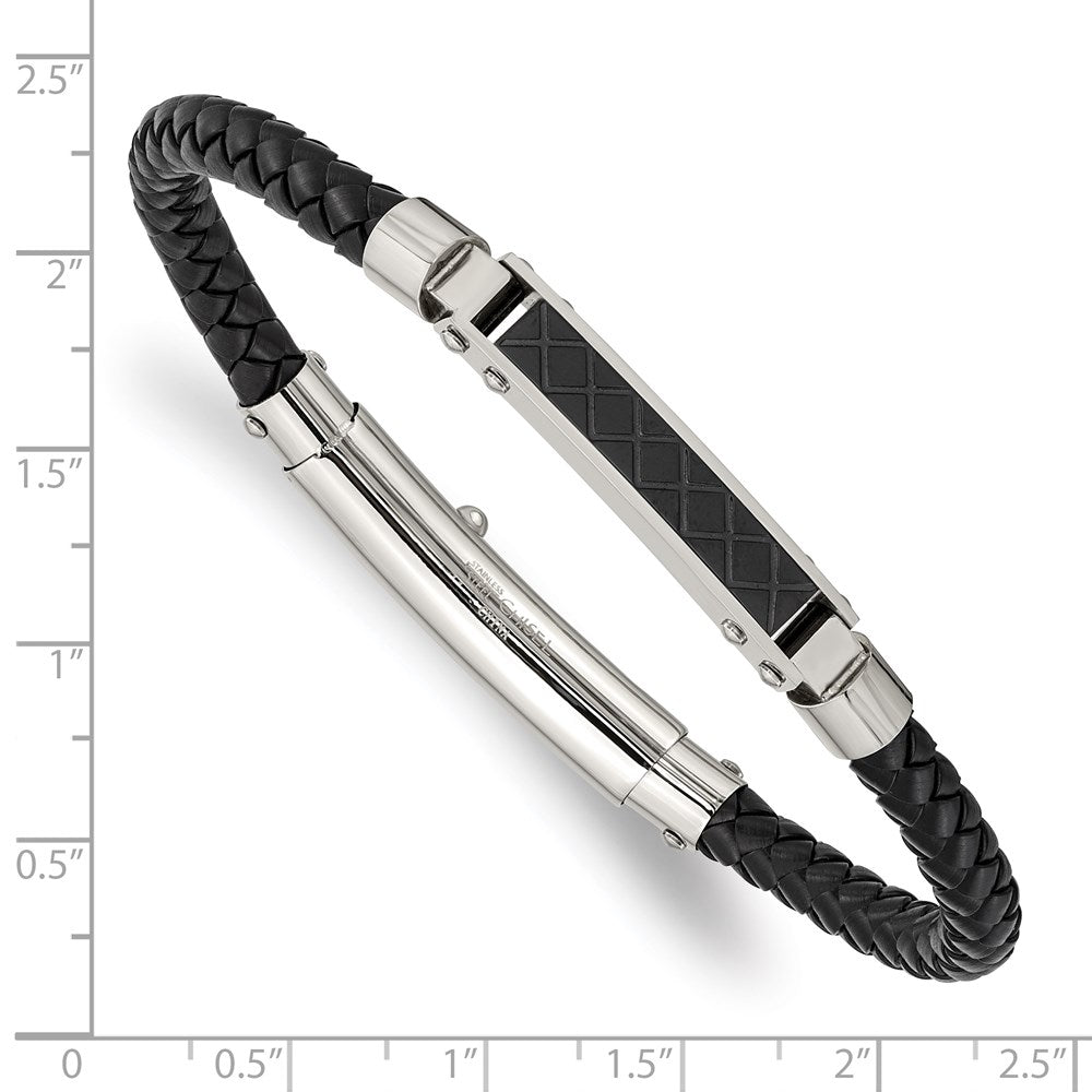 Alternate view of the Two Tone Stainless Steel &amp; Black Leather I.D. Bracelet, 7.5 to 8 Inch by The Black Bow Jewelry Co.