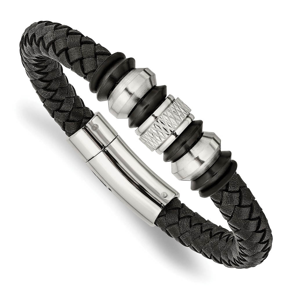Two Tone Stainless Steel & Black Leather Beaded Bracelet, 8.5 Inch, Item B18897 by The Black Bow Jewelry Co.