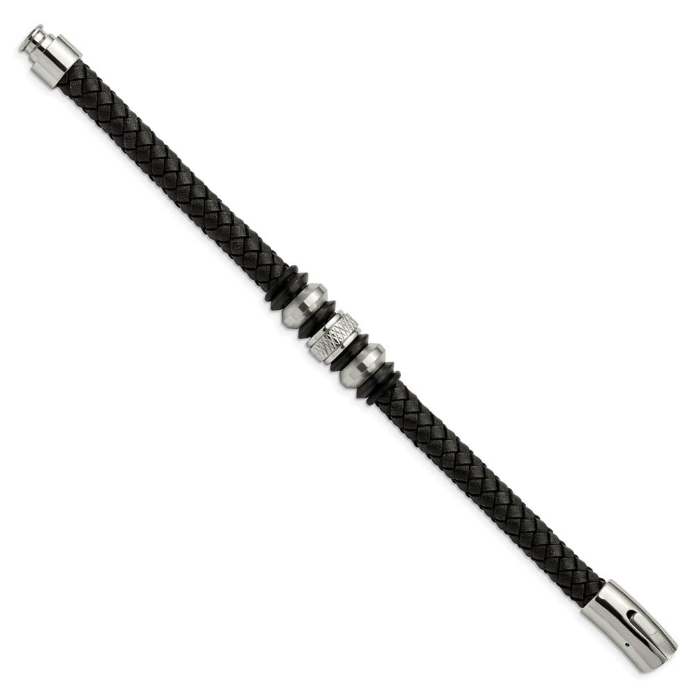 Alternate view of the Two Tone Stainless Steel & Black Leather Beaded Bracelet, 8.5 Inch by The Black Bow Jewelry Co.