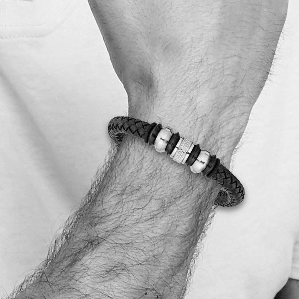 Alternate view of the Two Tone Stainless Steel & Black Leather Beaded Bracelet, 8.5 Inch by The Black Bow Jewelry Co.