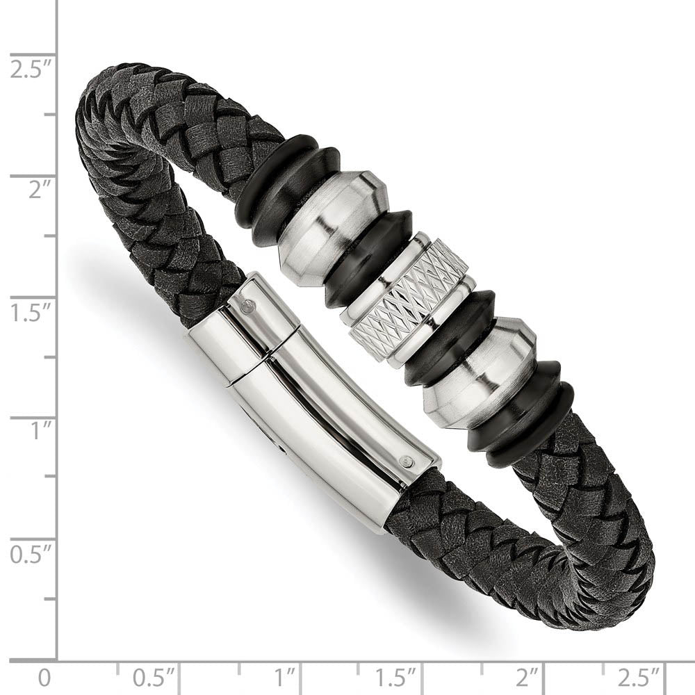 Alternate view of the Two Tone Stainless Steel & Black Leather Beaded Bracelet, 8.5 Inch by The Black Bow Jewelry Co.