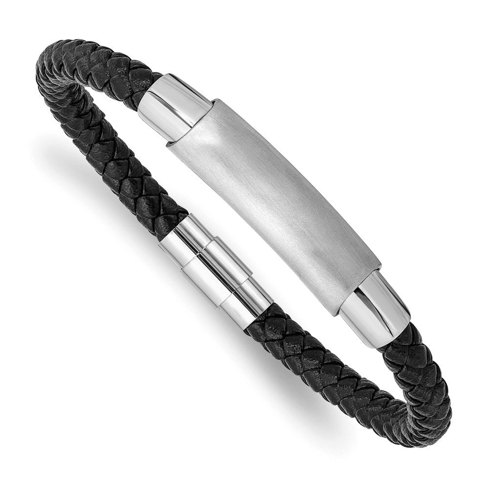 Stainless Steel &amp; Braided Black Leather Tube Bracelet, 8.25 Inch, Item B18898 by The Black Bow Jewelry Co.