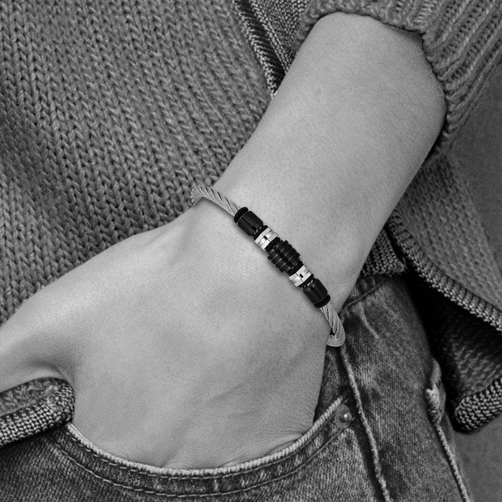 Alternate view of the Stainless Steel & Black Plated Adjustable Bracelet, 8 to 8.75 Inch by The Black Bow Jewelry Co.