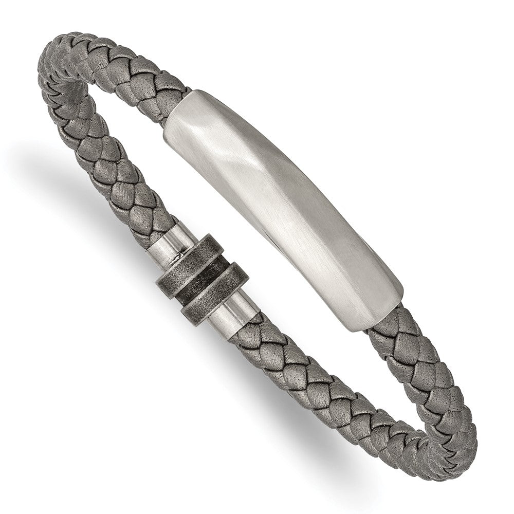 Stainless Steel &amp; Gray Leather Brushed Freeform Tube Bracelet, 8.25 In, Item B18900 by The Black Bow Jewelry Co.