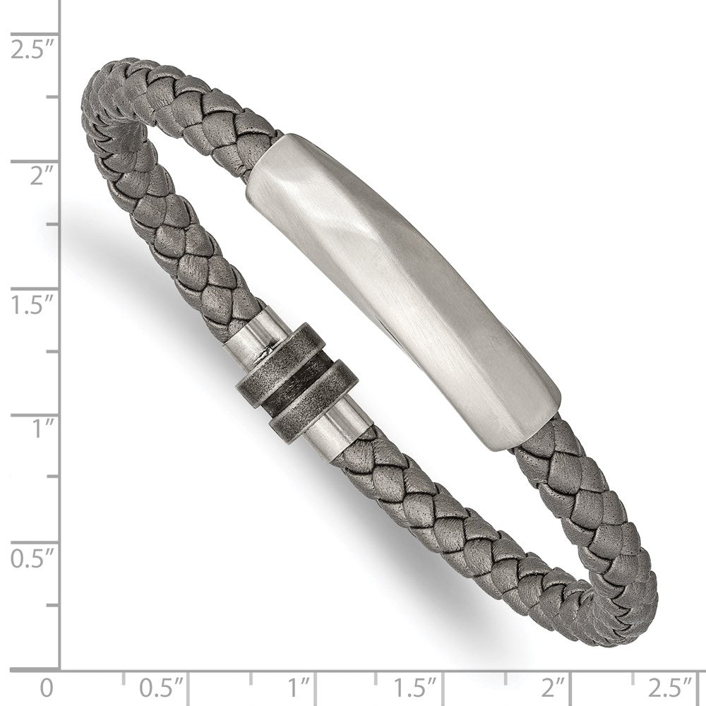 Alternate view of the Stainless Steel &amp; Gray Leather Brushed Freeform Tube Bracelet, 8.25 In by The Black Bow Jewelry Co.