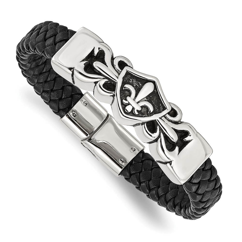 Stainless Steel & Black Leather Fleur de Lis Shield Bracelet, 8.25 In, Item B18901 by The Black Bow Jewelry Co.