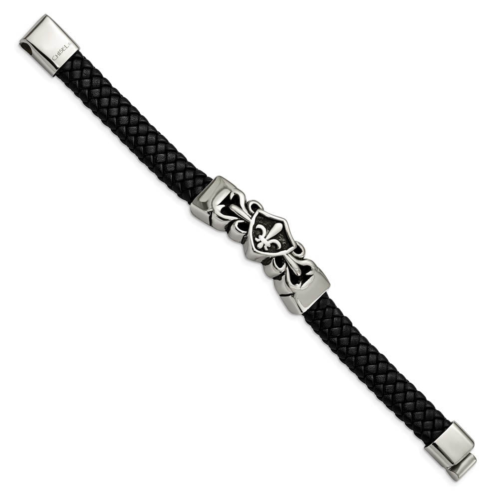Alternate view of the Stainless Steel & Black Leather Fleur de Lis Shield Bracelet, 8.25 In by The Black Bow Jewelry Co.