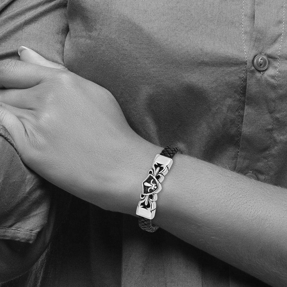Alternate view of the Stainless Steel & Black Leather Fleur de Lis Shield Bracelet, 8.25 In by The Black Bow Jewelry Co.