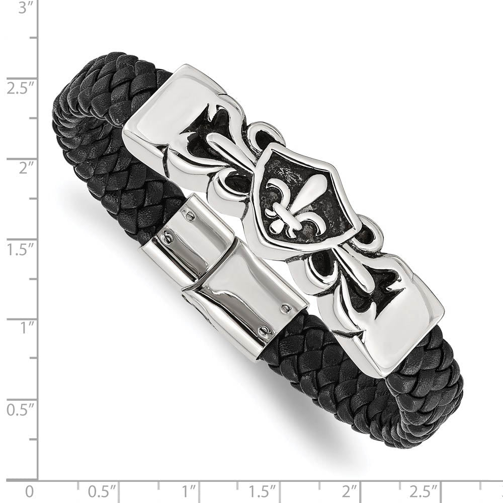 Alternate view of the Stainless Steel & Black Leather Fleur de Lis Shield Bracelet, 8.25 In by The Black Bow Jewelry Co.