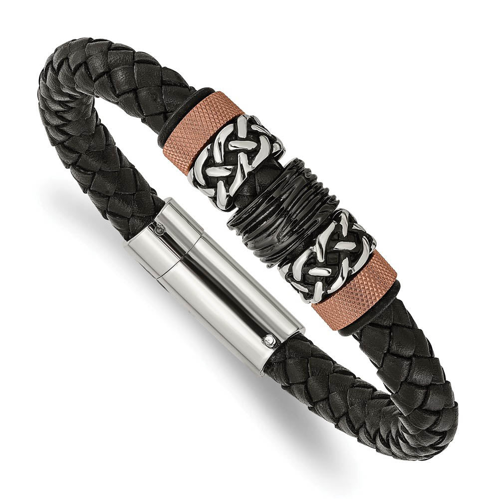 Men's Tricolor Stainless Steel & Black Leather Bead Bracelet, 8.5 Inch, Item B18902 by The Black Bow Jewelry Co.