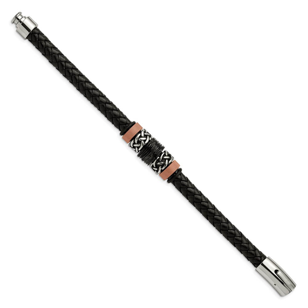 Alternate view of the Men's Tricolor Stainless Steel & Black Leather Bead Bracelet, 8.5 Inch by The Black Bow Jewelry Co.