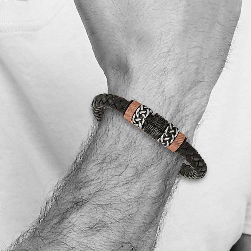 Alternate view of the Men's Tricolor Stainless Steel & Black Leather Bead Bracelet, 8.5 Inch by The Black Bow Jewelry Co.