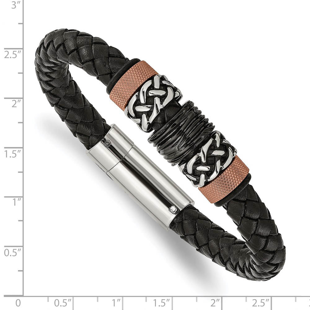 Alternate view of the Men's Tricolor Stainless Steel & Black Leather Bead Bracelet, 8.5 Inch by The Black Bow Jewelry Co.